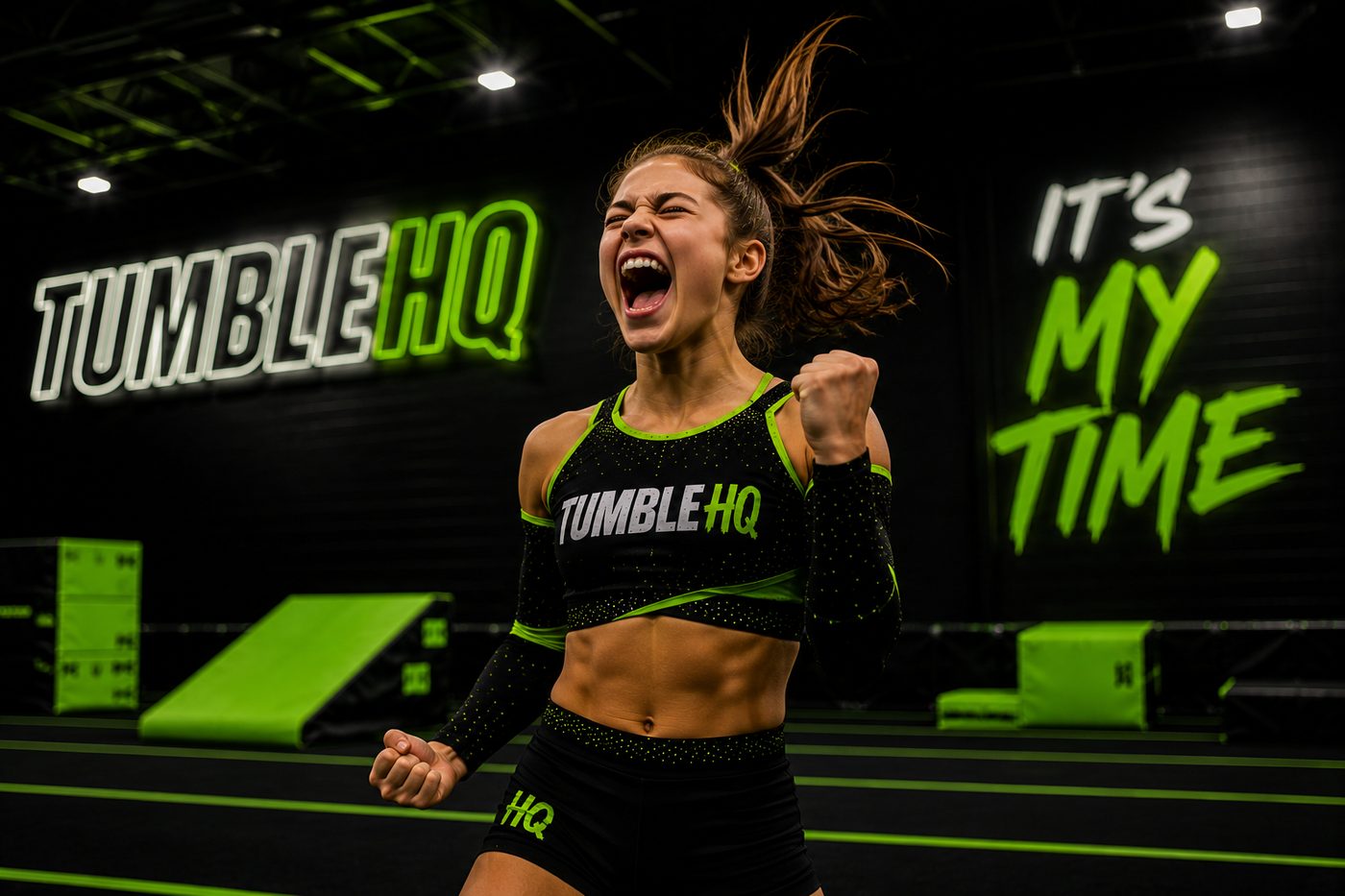 Tumble HQ athlete celebrating in the gym