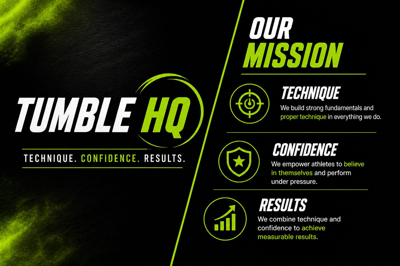Our mission: Technique, we build strong fundamentals and proper technique. Confidence, we empower athletes to believe in themselves. Results, we combine technique and confidence to achieve measurable results.