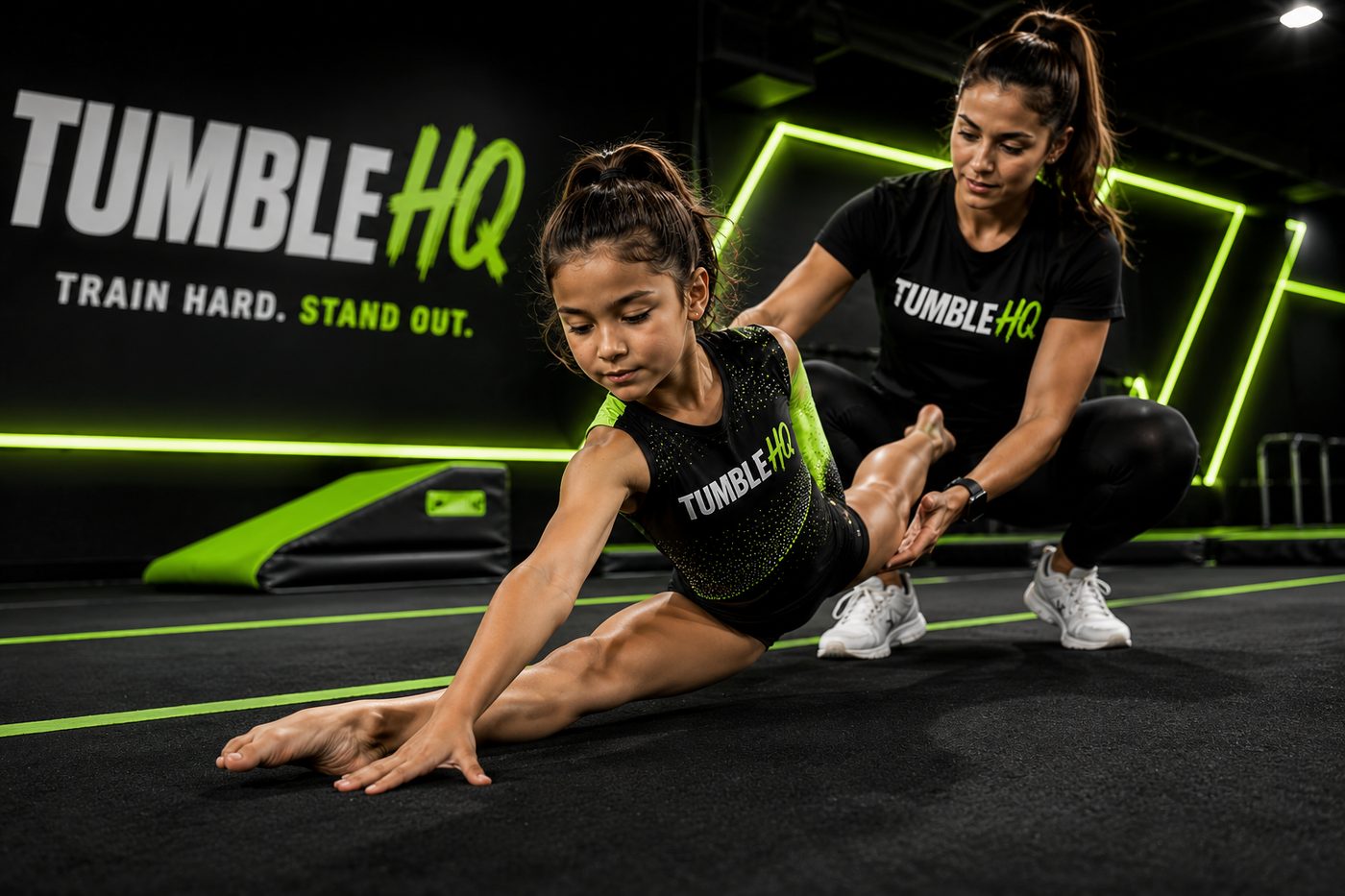 Tumble HQ coach helping a young athlete with her splits