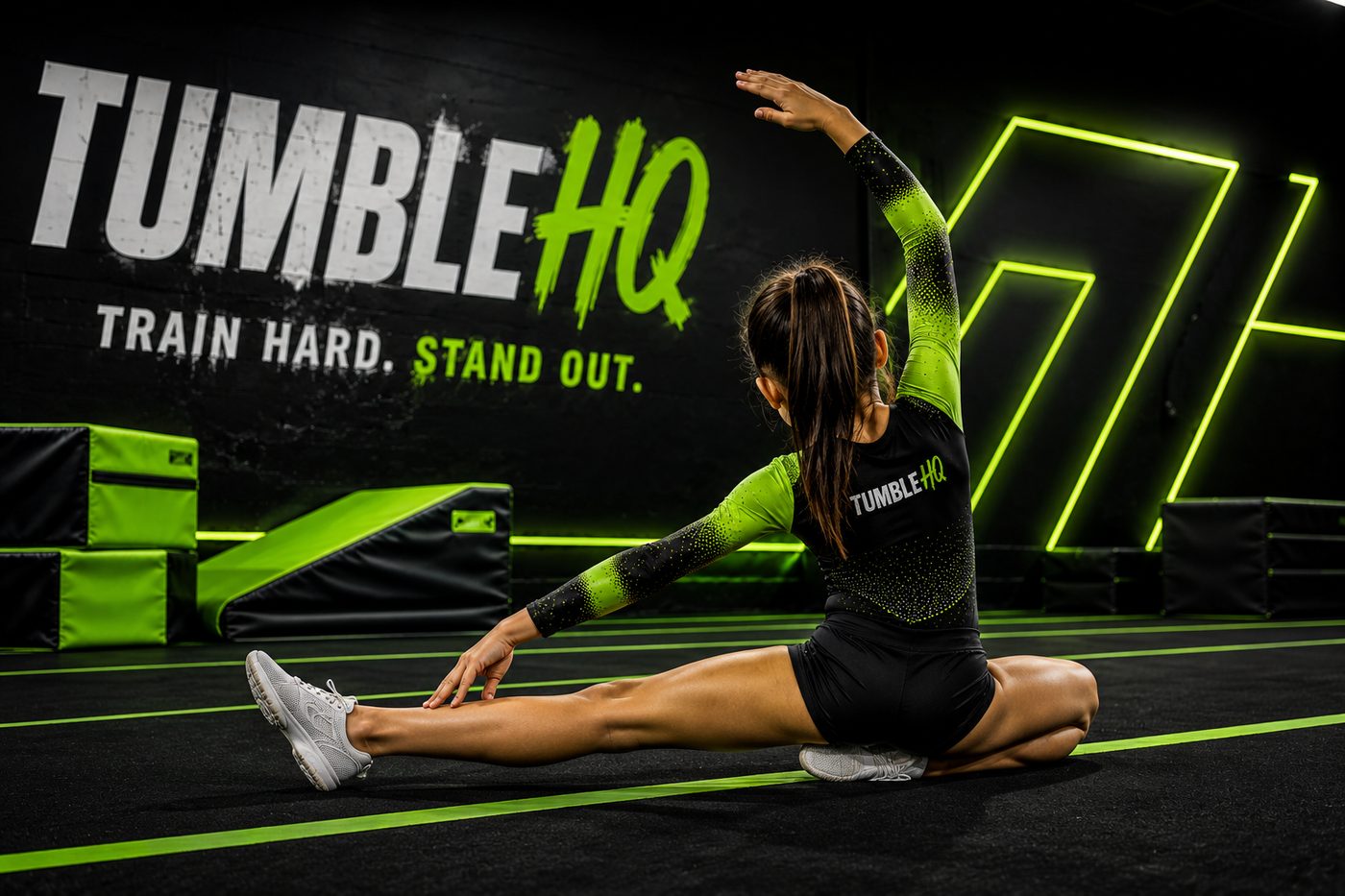 Tumble HQ athlete stretching in the gym